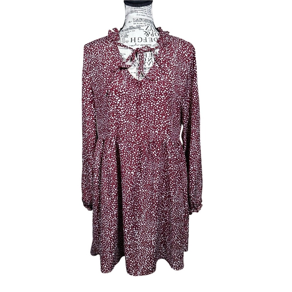 Women's Maroon Printed Tie-Neck‎ Long Sleeve Dress